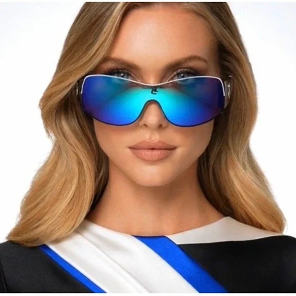 Women Shield Sunglasses Blue Mirrored Black White Wraparound Frame Lentes Gafas‎