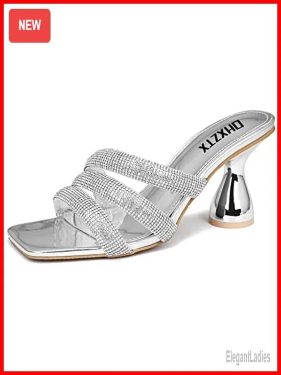 Womens Square Toe Kitten Heels Rhinestone Mules Sandals Slip On