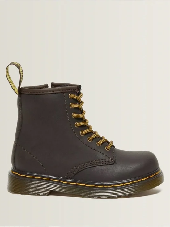 Dr. Martens Toddler Dark Brown Leather Lace-Up Boots with Yellow Stitching. New