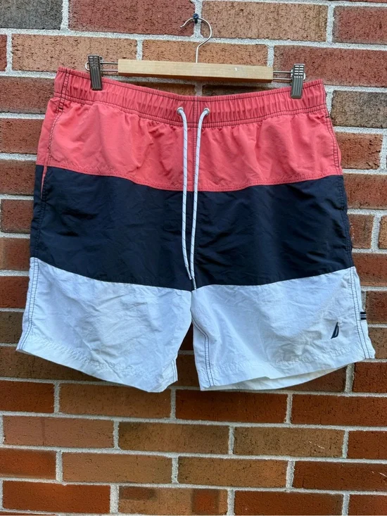 Nautica Men’s Large Colorblock Swim Trunks Coral Navy White