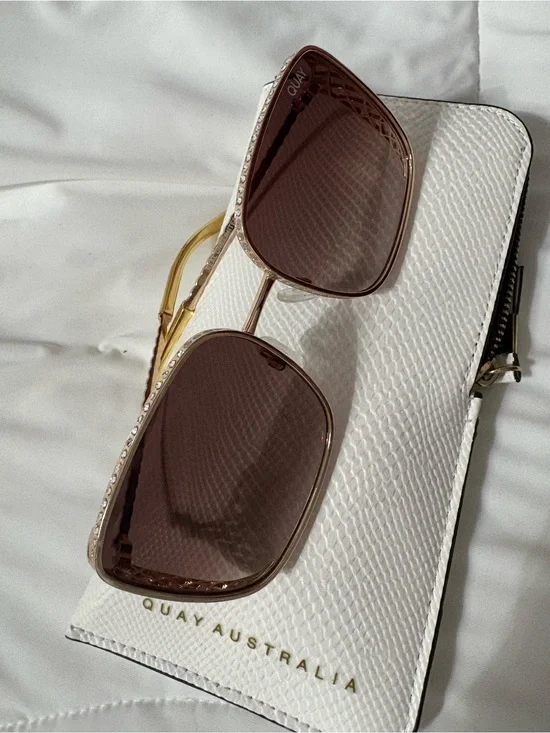Quay Australia Gold Frame Brown Lens Sunglasses with Rhinestone Trim