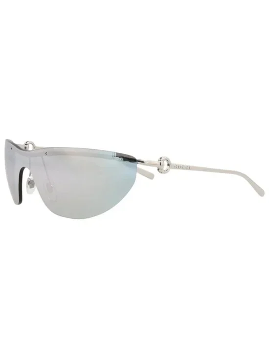 New Gucci Women's Sunglasses Shield Wrap Metal Frame Silver Silver Silver