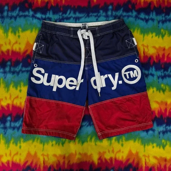 Superdry Mens XL Swim Trunks Colorblock Board Shorts Navy Blue Red Logo Cargo