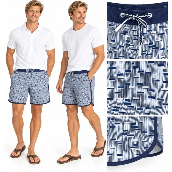 Johnnie-O M Twilight Milo Swim Trunks Blue Geometric Board Shorts Preppy Resort