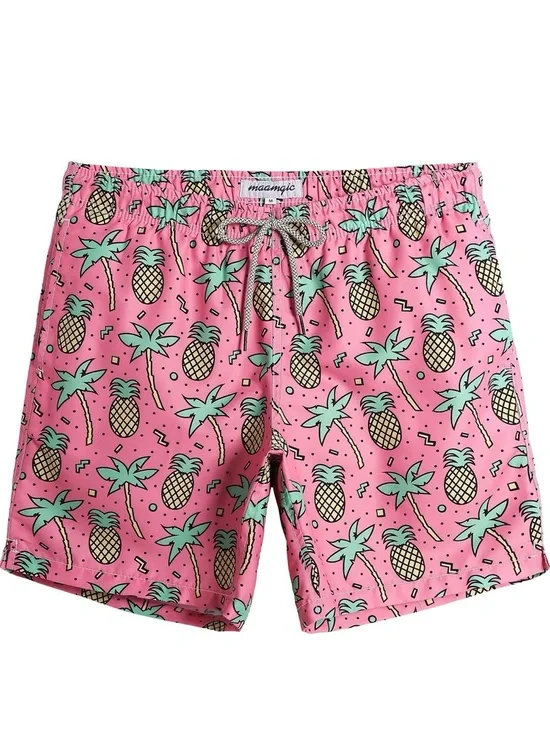 Men's Pink Pineapple Print Swim Trunks with Green Accents