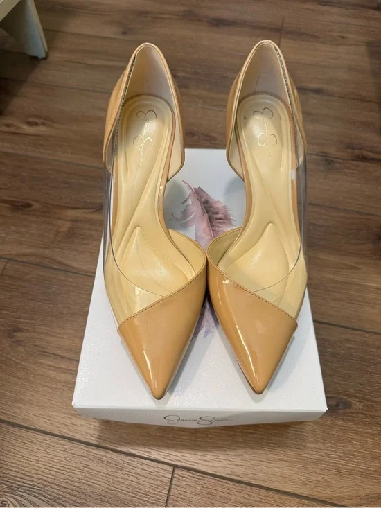 Jessica Simpson Tan Patent Pointed-Toe D'Orsay Pumps with Clear Sides
