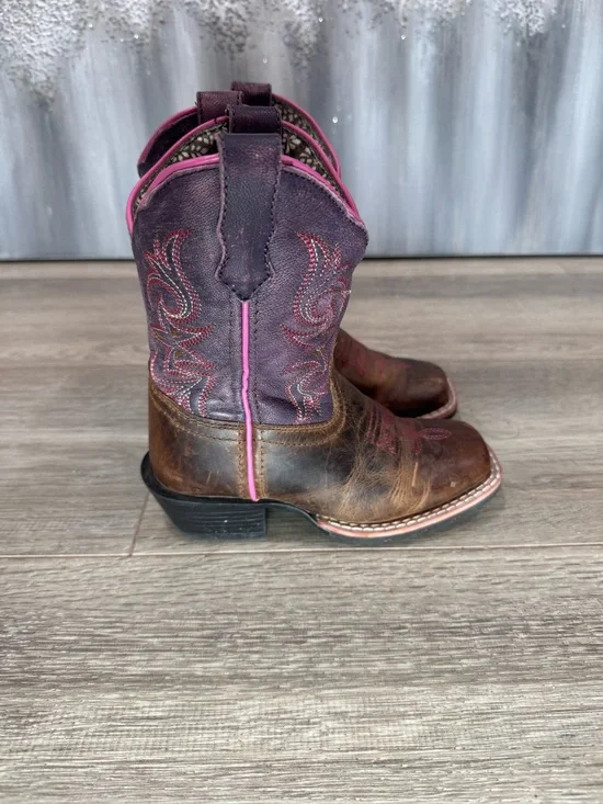 Childrens Pink-Trim Brown Patterned Western Boots