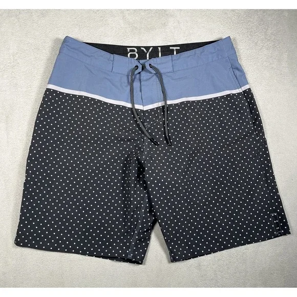 BYLT Premium Basics Mens Large Coastal Boardshort Swim Trunks Polka Dot Blue 8.5