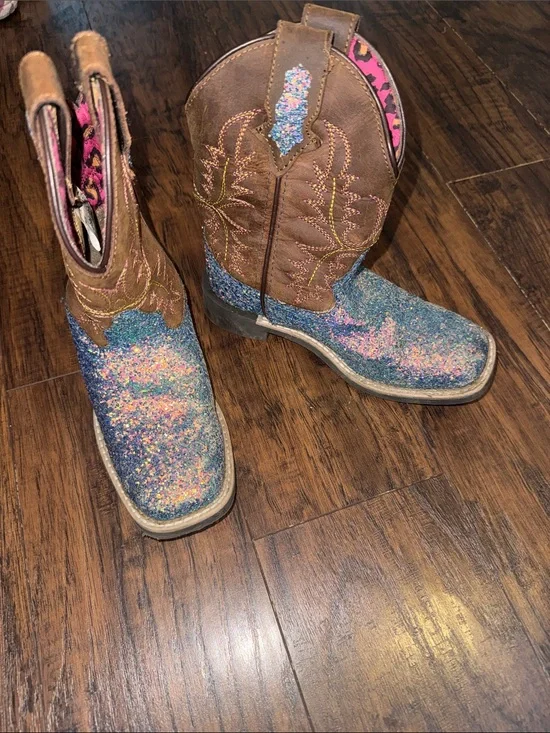 Girls Brown and Multi-Color Glitter Western Boots