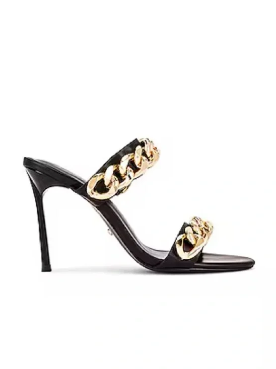 RAYE Deux Heel in Black Stiletto Slide Gold Chain Straps 5.5