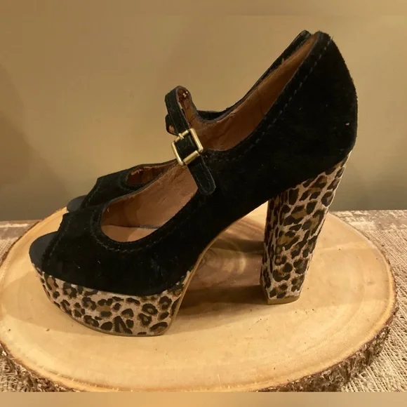 Lucky Brand Neece Womens 8M Black Peep Toe Suede Platform‎ Hi Heels Leopa…