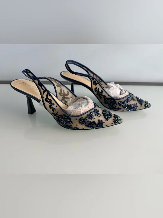 Betsey Johnson Women's Navy Nikki Embroidered Slingback Evening Pumps Size 10