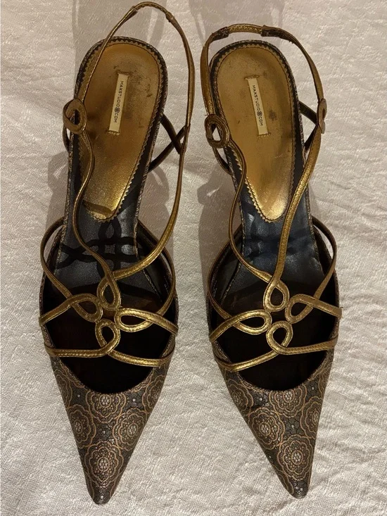 Vintage Max Studio Brocade Pointed Slingback Heels with Leather Soles