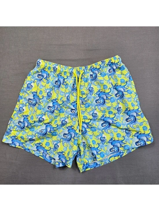 Happy Hour Mens M Swim Trunks Yellow/Blue Lady Octopus Print Elastic Waist
