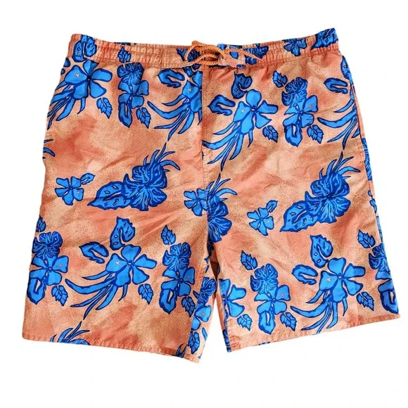 Ivy Crew Sport Swim Trunks Mens XL Orange Blue Tropical Floral Drawstring Shorts