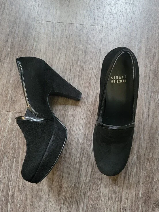 Stuart Weitzman Heeled Loafers Black Suede Leather Classic Quiet Luxury Career 6