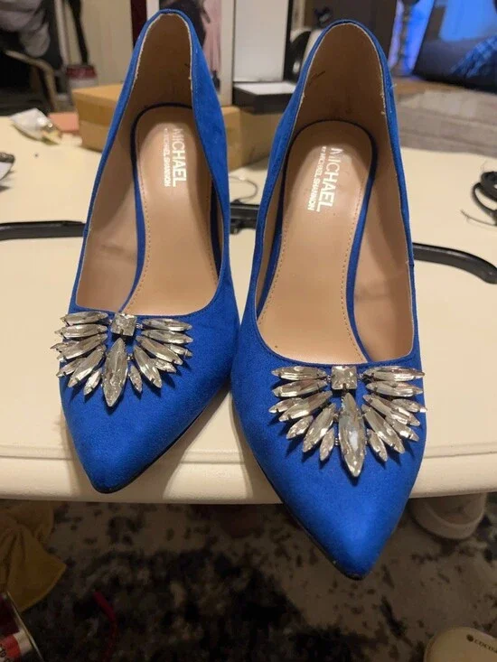 Michael by Michael Shannon Royal Blue Suede Crystal Brooch Pointed Pumps Size 11