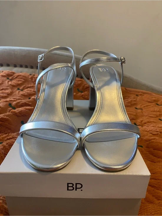 bp Metallic Silver Ankle-Strap Block Heel Sandals for Women