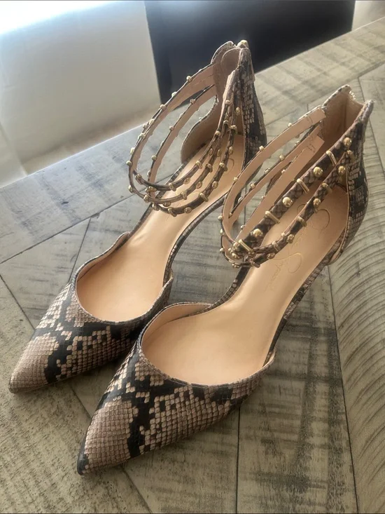 Jessica Simpson Taupe and Black Snake-Print Pointed-Toe Ankle-Strap Pumps