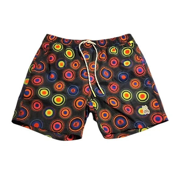 Psycho Bunny Andrew Swim Trunks Mesh Lined Bright Concentric Circles Mens Size S