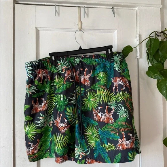 George Jungle Print swim Shorts with Tiger and Leaf Design