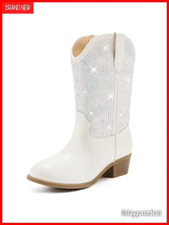 Girls Rhinestone Cowgirl Boots Mid Calf Pointed Toe Block Heel
