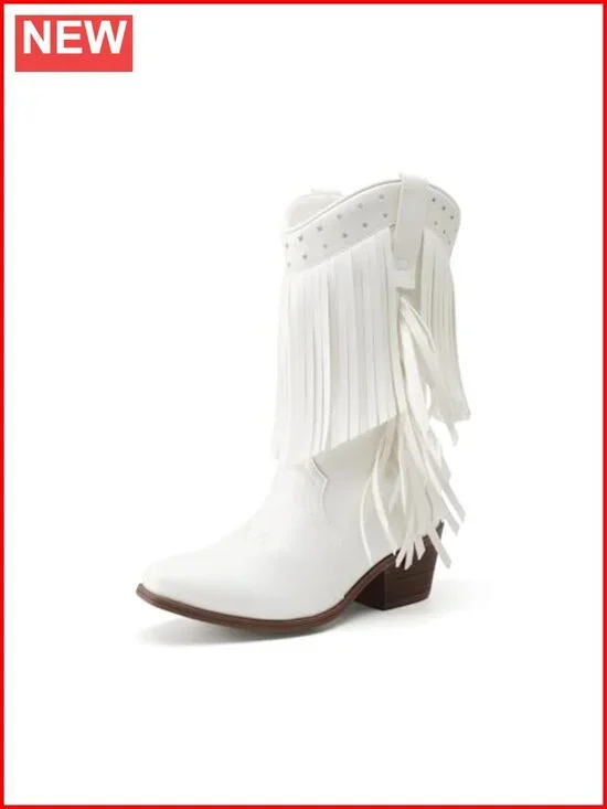 Girls Cowboy Western Boots Faux Leather Square Toe Mid-Calf