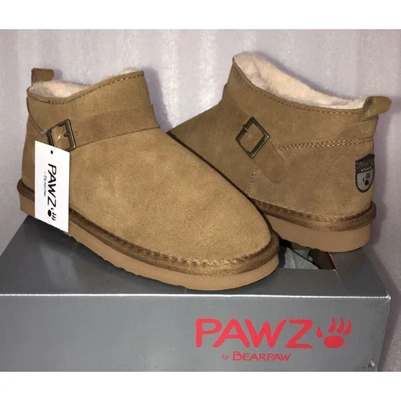 Pawz Bearpaw Amy Ankle Boots Youth Girls Size 10 Brown Genuine Suede Wool Lining