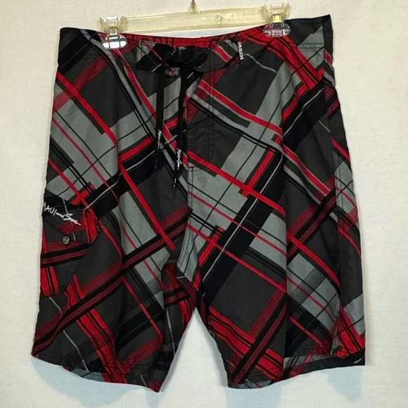 A-55 Men’s Maui and Sons Black Red & Gray‎ Plaid Board Shorts Size 34