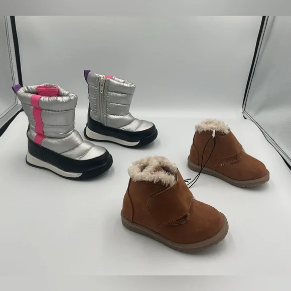 Lot x2 Wonder Nation Puffy Silver Winter Snow Boots Falls Creek Brown Fur Sz 5/6