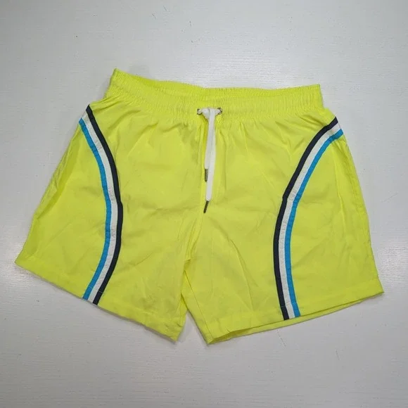 Vintage 80s Sun Britches Swim Trunks Mens M Neon Yellow Stripe NWOT