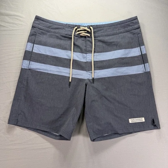 Fair Harbor Board Shorts Mens 33 Waist Gray Blue Striped Swim Trunks Drawstring