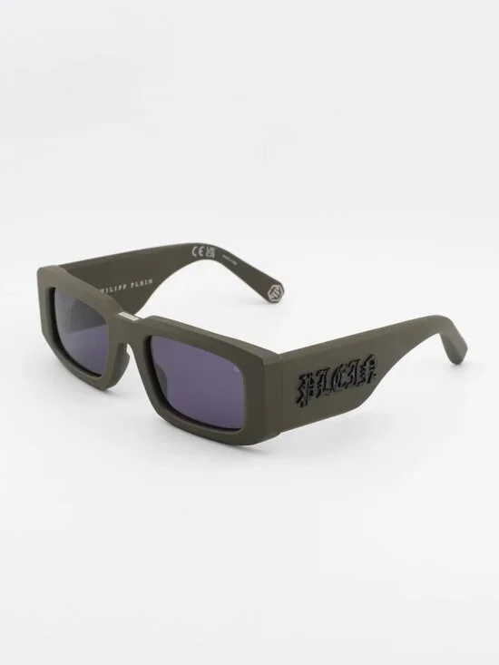 Philipp Plein SPP149 0C02 Unisex Sunglasses Green Rectangle Frame, Blue Lenses