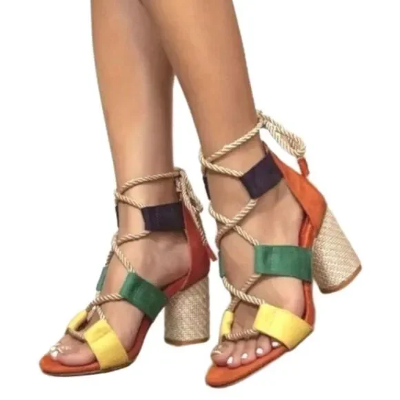 Women's Boho colorful open toe heels sz 8.5