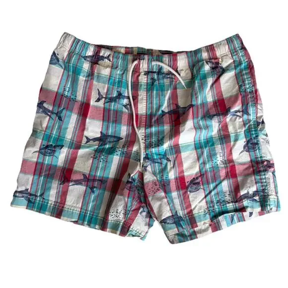 Vintage Polo Sport Ralph Lauren Plaid Swim Trunks Board Shorts Mens Large Shark