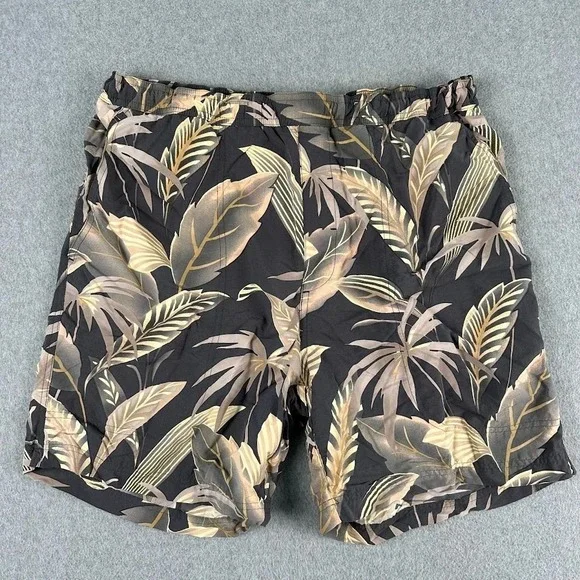 Tommy Bahama Mens Large Shorts Black Tropical Leaf Print Swim Trunks Board Short