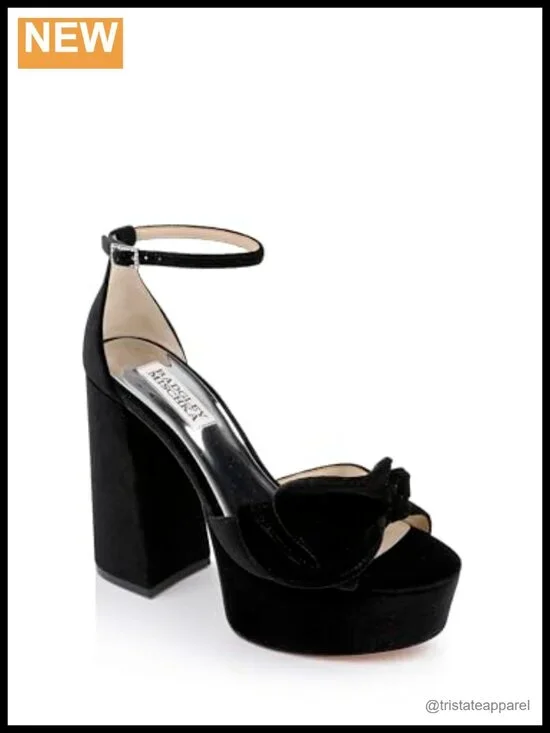 Velvet Platform Block Heels With Bow, Ankle Strap, Round Toe, Formal Heeled