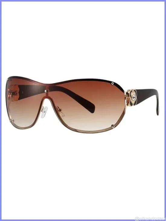 Oversized Shield Sunglasses Camellia Rhinestone Accents 100% UV400