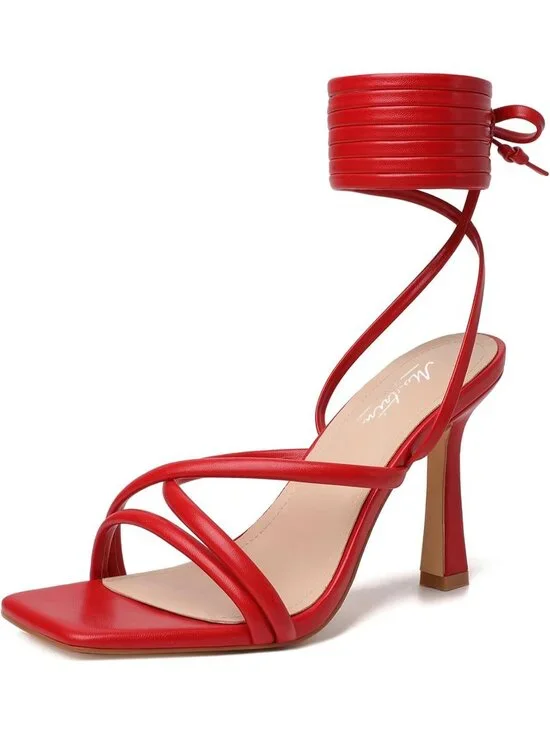 〽️Womens Red Strappy Lace Up Square Toe High Heels Party Heel Prom Sandal