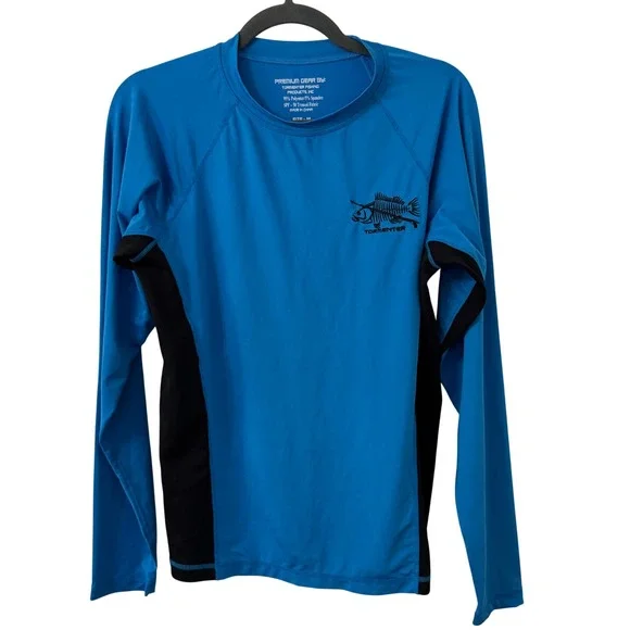 Tormenter Rash Guard Shirt Mens M‎ Blue Fish Logo Fishing SPF 50 Long Sleeve