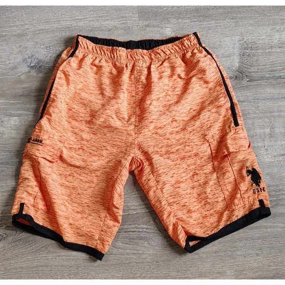 U.S. Polo Assn Men Cargo‎ Swim Trunks Orange Black Sz S Brief Lining Embroidered