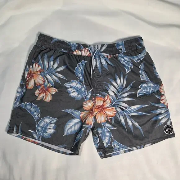 Ron Jon Surf Shop Men's Large Gray Floral Swim Trunks Board Shorts Elastic Waist