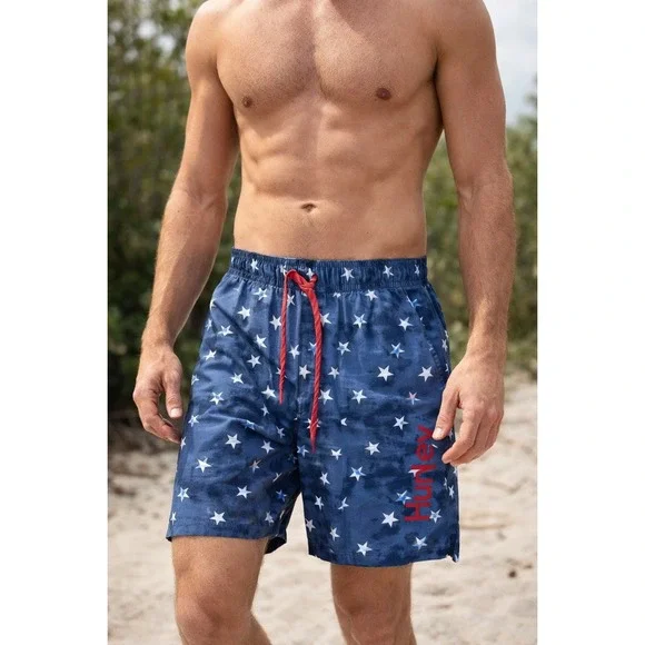 Hurley Men's Swim Trunks Small Blue Star Print Tie Dye Mesh‎ Lined Drawstring
