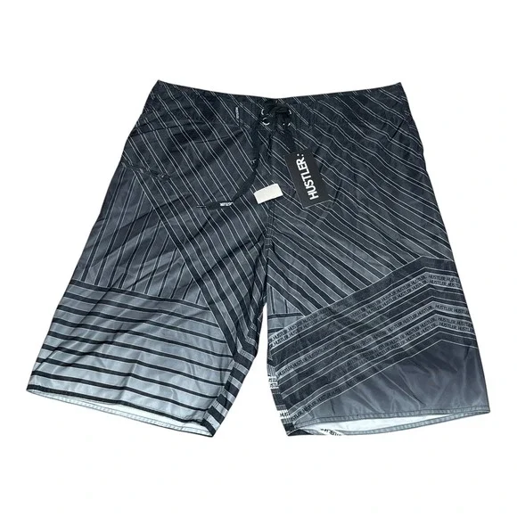 NEW Y2K Hustler Striped Board Shorts Black Grey Geometric Swim‎ Trunks Mens 36