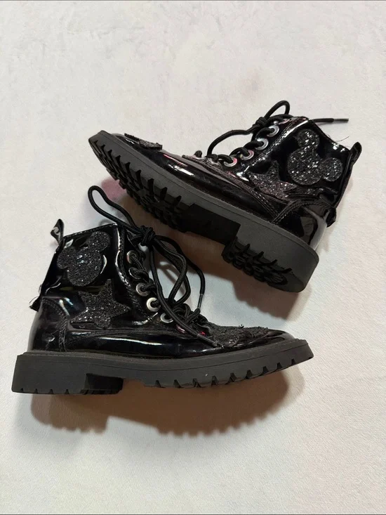 Zara Kids Disney Mickey Mouse Black Patent Combat Boots with Glitter Appliqué