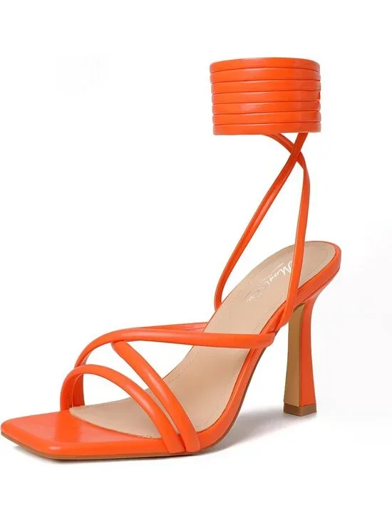 〽️Womens Orange Strappy Lace Up Square Toe High Heels Party Open Toe Heel Prom S