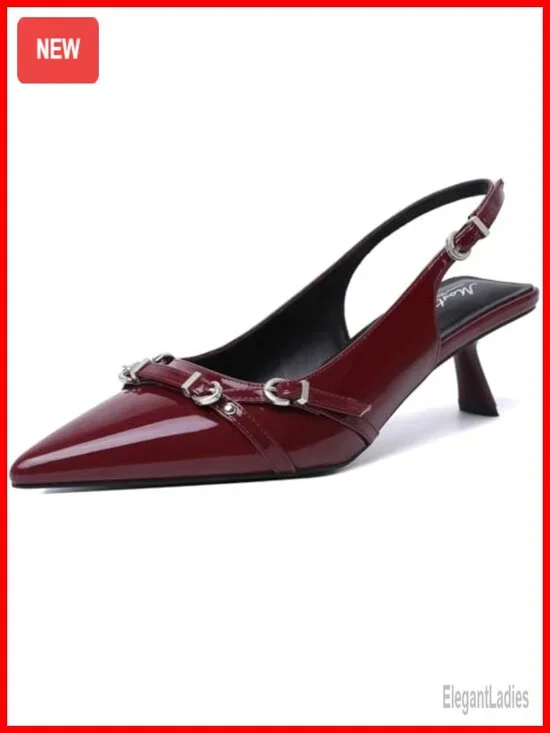 Kitten Heels Pointed Toe Slingback Pumps Faux Leather Buckle Dress Shoes