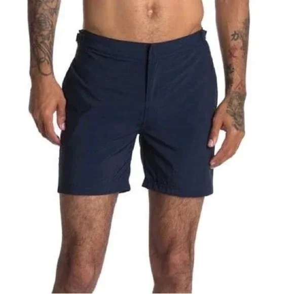 Bugatchi Deep Navy Blue Solid Zip Up Swim Trunks w/ Zip‎ Back Pocket 40 NWT