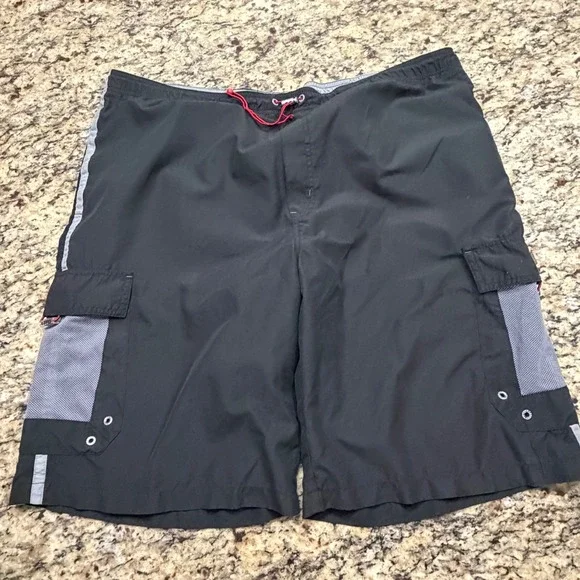 Vintage One Tough Brand Mens XL‎ Cargo Board Shorts Black Swim Trunks 1991