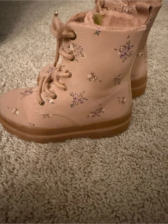 H&M Blush Pink Floral Lace-Up Kids Boots with Faux Fur Trim
